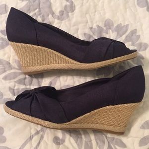 Navy blue peep toe wedges